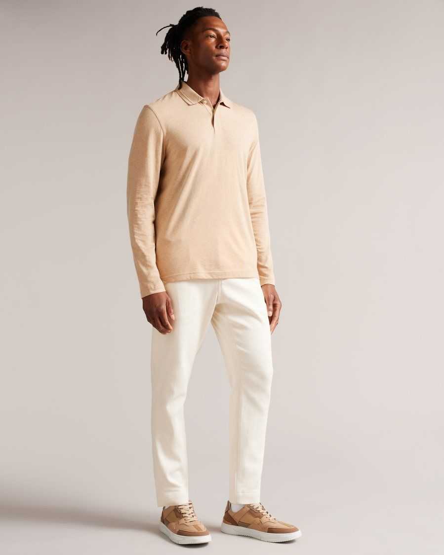 Ted Baker Enio Long Sleeve Cashmere Blend Polo Shirt Camel | 56920-EBCY