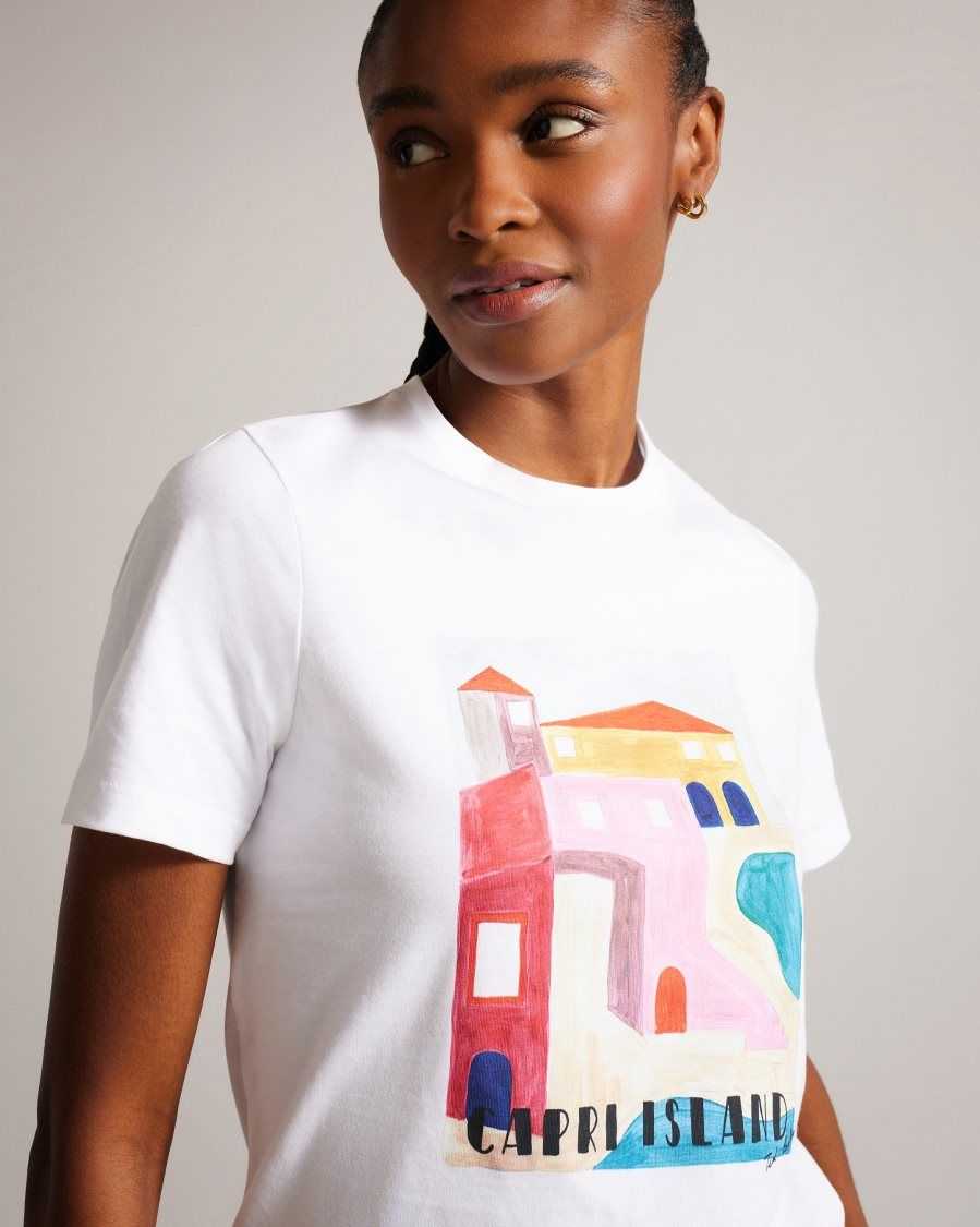 Ted Baker Esmayy Capri Island Graphic T-Shirt White | 01426-WFGQ