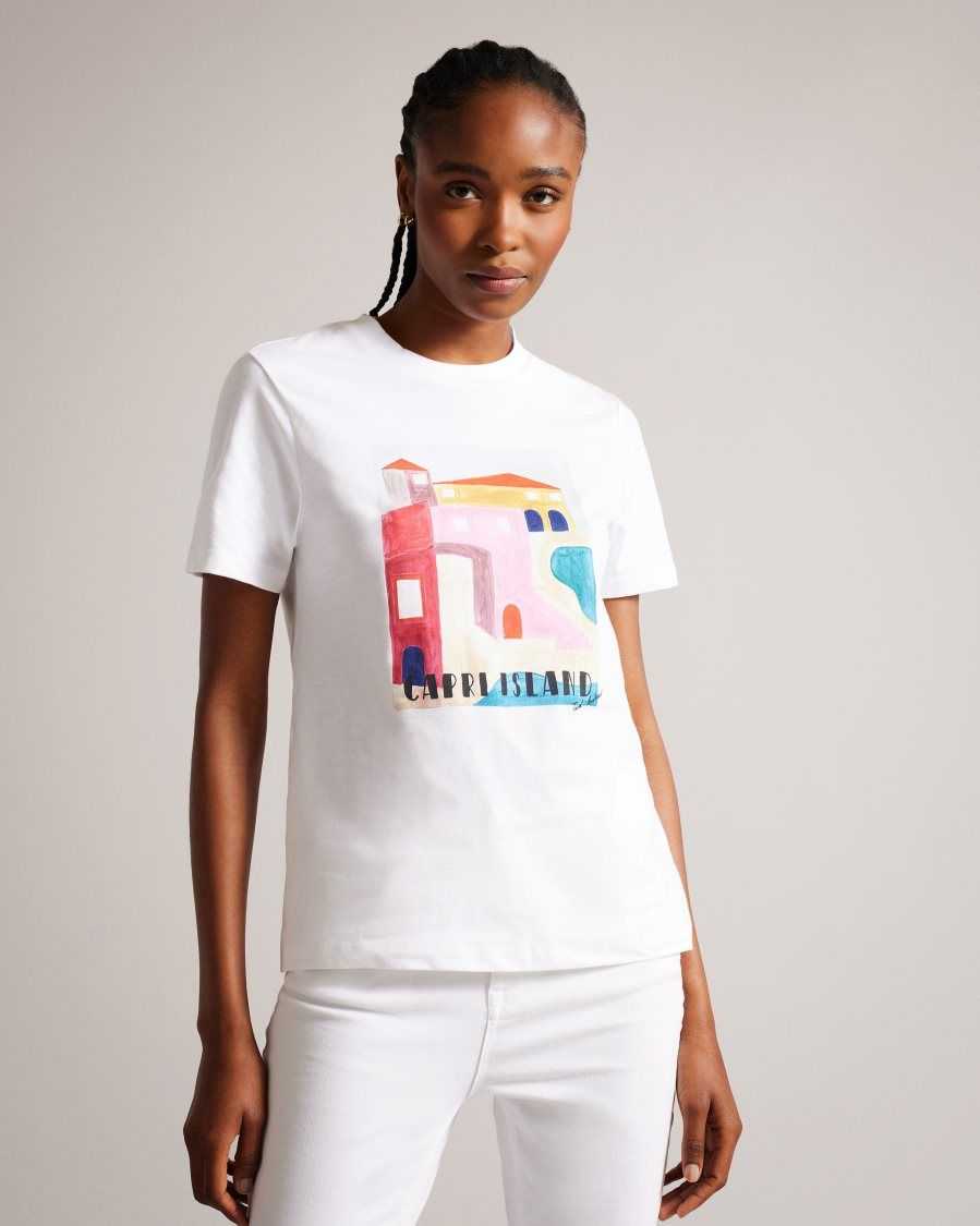 Ted Baker Esmayy Capri Island Graphic T-Shirt White | 01426-WFGQ