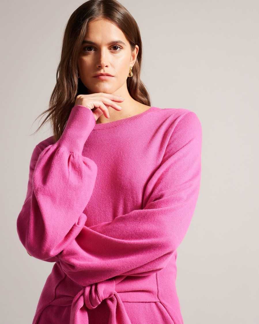 Ted Baker Essya Slouchy Tie Front Midi Knit Dress Bright Pink | 80964-ROAQ