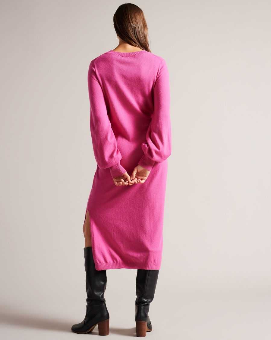 Ted Baker Essya Slouchy Tie Front Midi Knit Dress Bright Pink | 80964-ROAQ