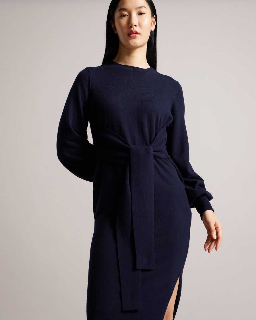 Ted Baker Essya Slouchy Tie Front Midi Knit Dress Dark Blue | 84529-RMNG