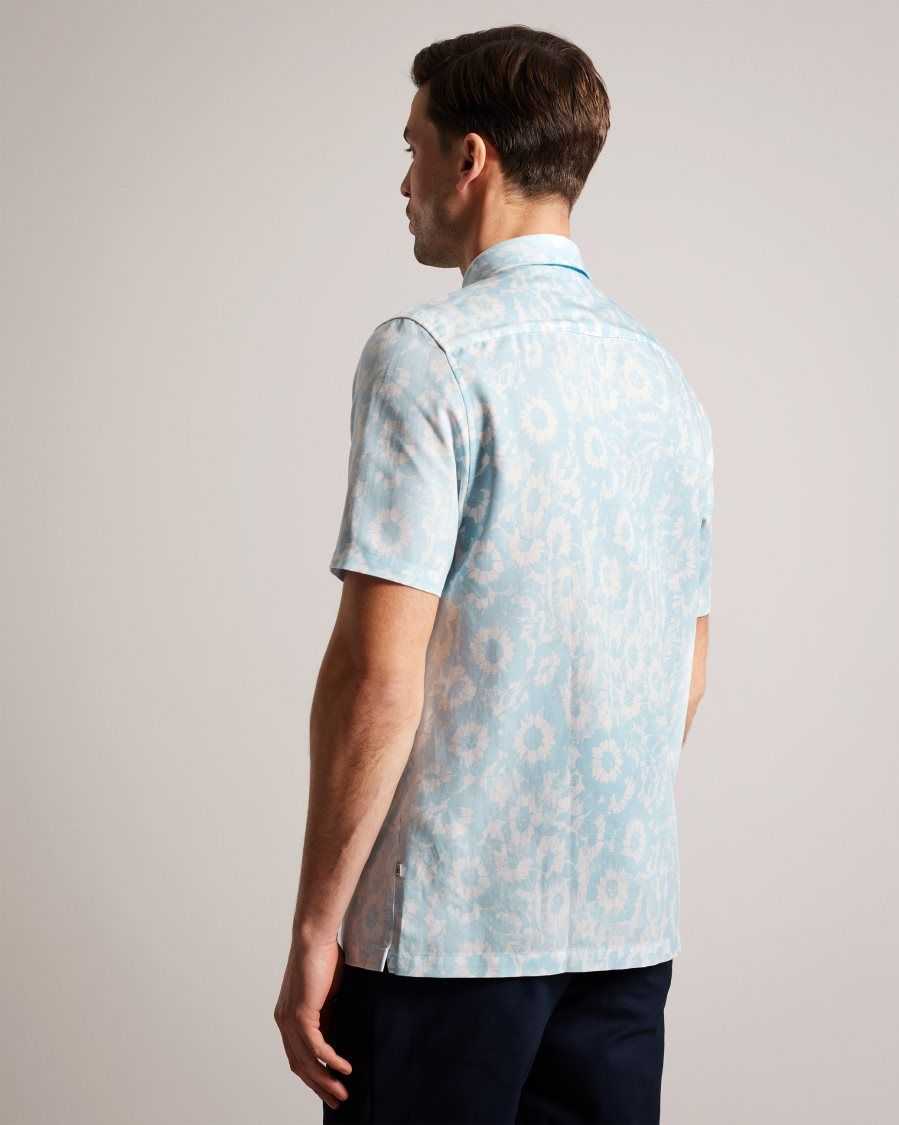 Ted Baker Flaisby Linen Blend Floral Print Shirt Light Blue | 37069-NSRC