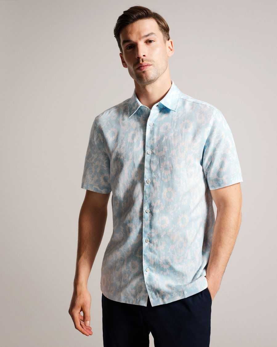 Ted Baker Flaisby Linen Blend Floral Print Shirt Light Blue | 37069-NSRC