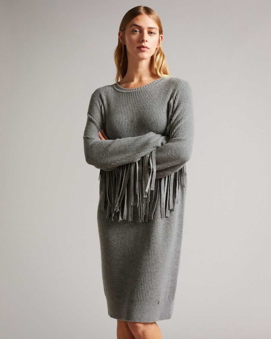 Ted Baker Friidah Knitted coccoon dress with fringe trim Medium Grey | 68170-WARU