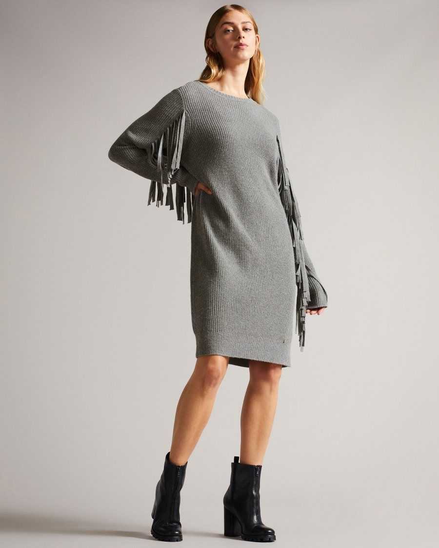 Ted Baker Friidah Knitted coccoon dress with fringe trim Medium Grey | 68170-WARU