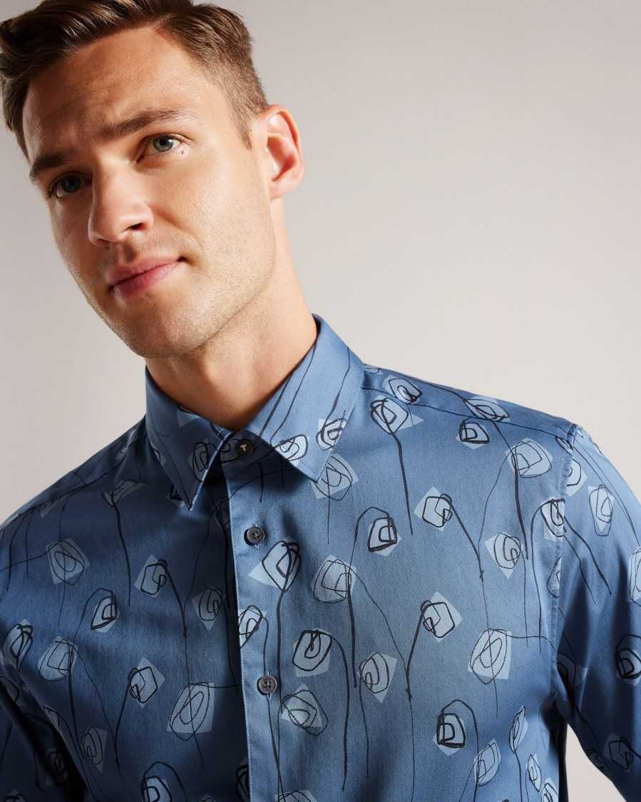 Ted Baker Frith Long Sleeve Flower Print Shirt Medium Blue | 37286-YIKG