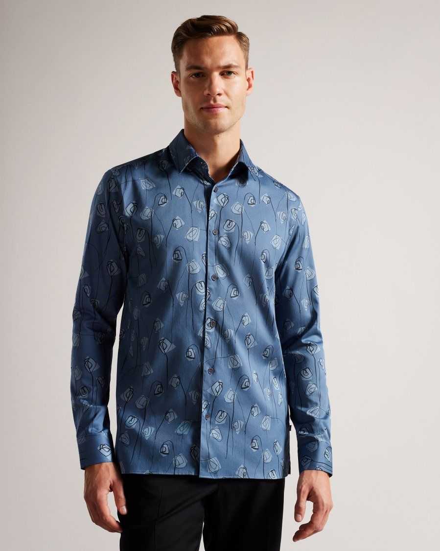 Ted Baker Frith Long Sleeve Flower Print Shirt Medium Blue | 37286-YIKG