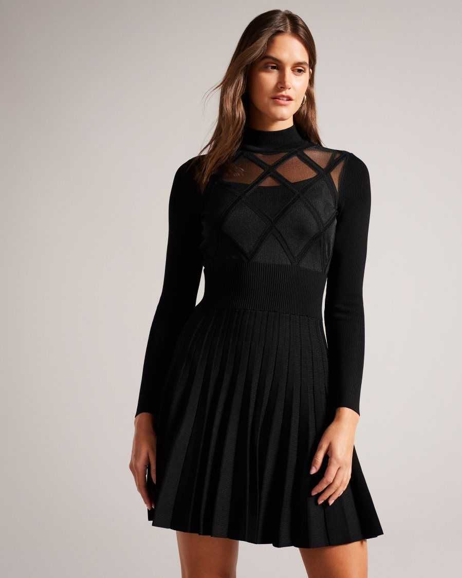 Ted Baker Fyonah Sheer Argyle Insert Skater Dress Black | 31706-UOQN