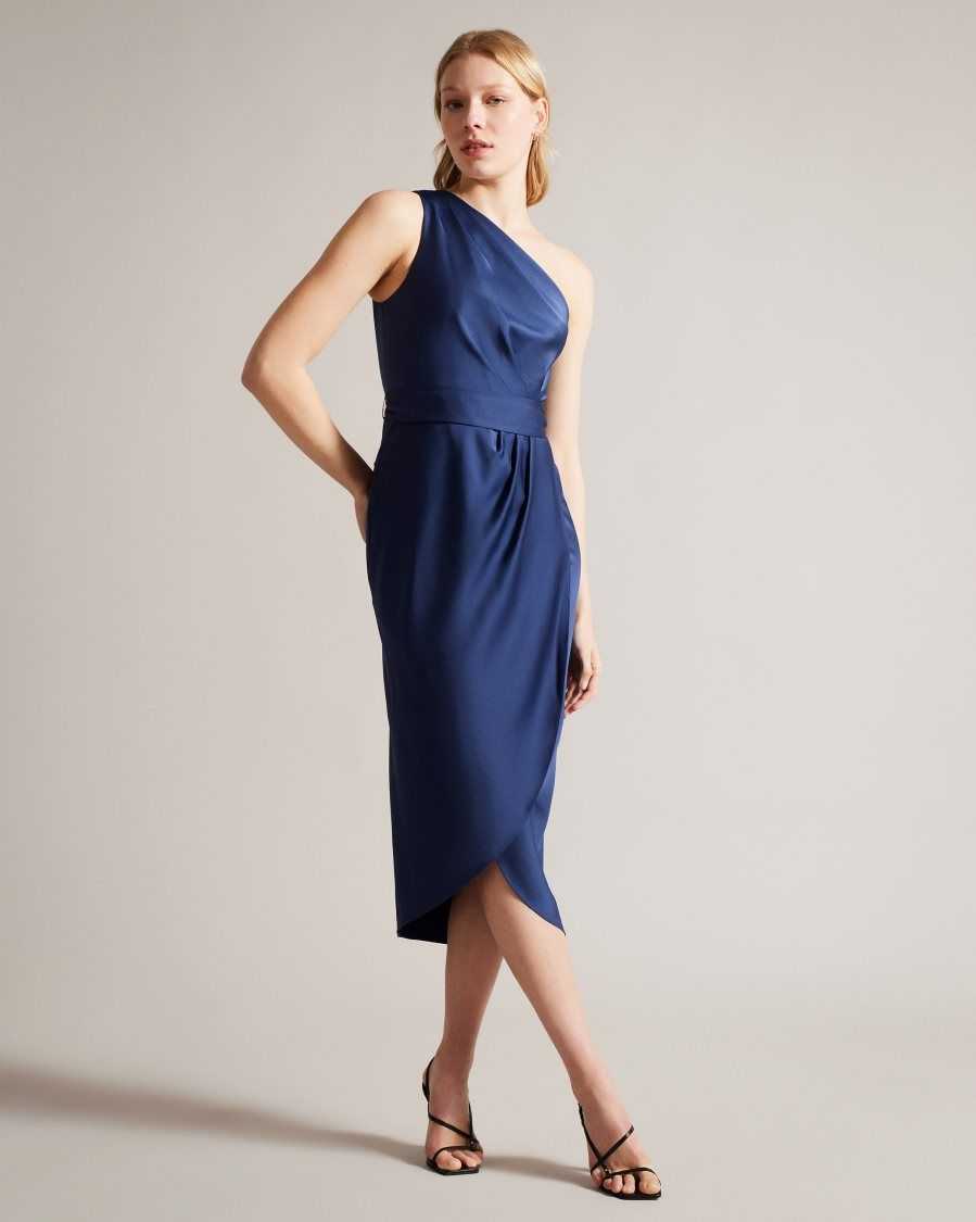 Ted Baker Gabie One Shoulder Drape Midi Dress Dark Blue | 04918-GCJV