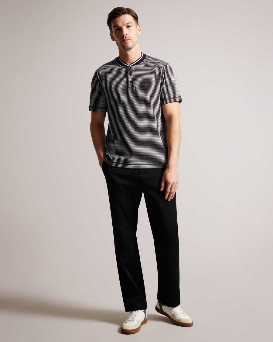 Ted Baker Garnerr Striped Polo Shirt With Grandad Collar Black | 29604-DVAR