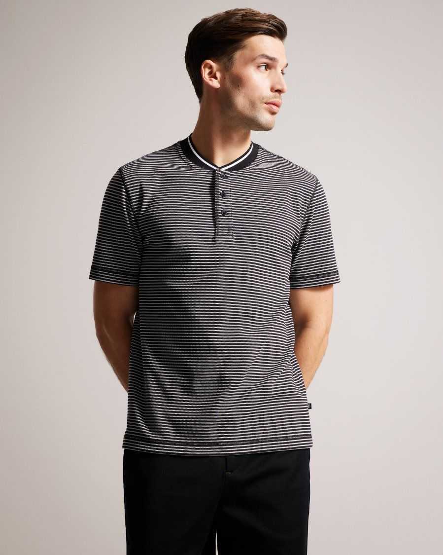 Ted Baker Garnerr Striped Polo Shirt With Grandad Collar Black | 29604-DVAR