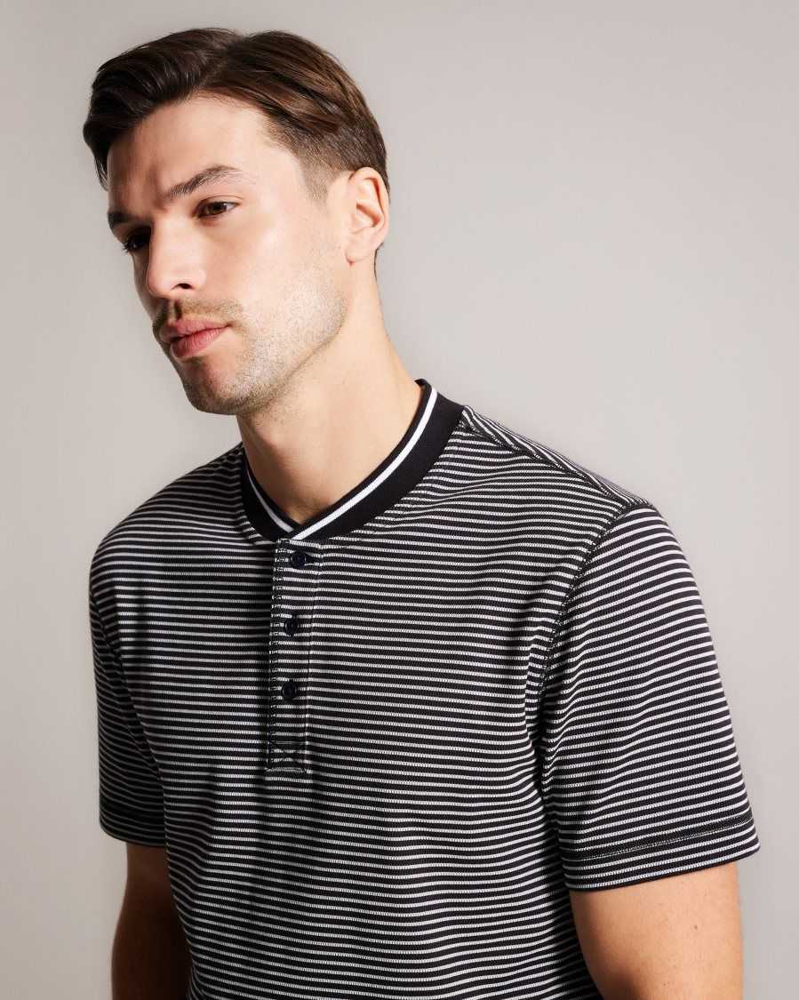 Ted Baker Garnerr Striped Polo Shirt With Grandad Collar Black | 29604-DVAR