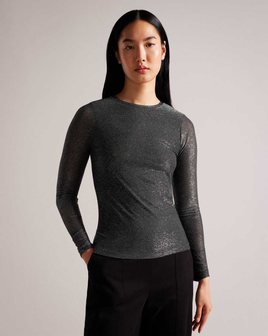 Ted Baker Genini Glitsy Long Sleeve Top Black | 59068-CZES