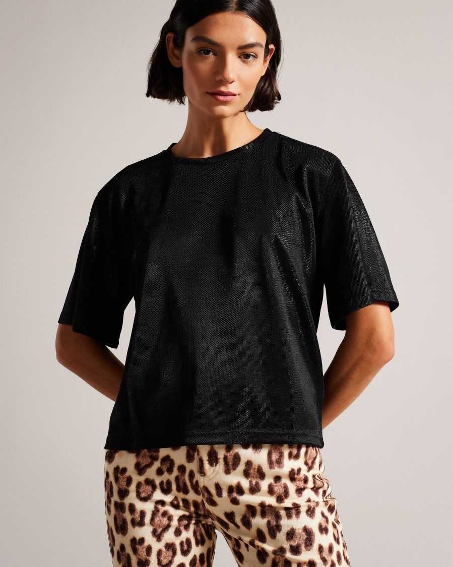 Ted Baker Georia Metallic Oversized T-Shirt Black | 76492-ZTLU