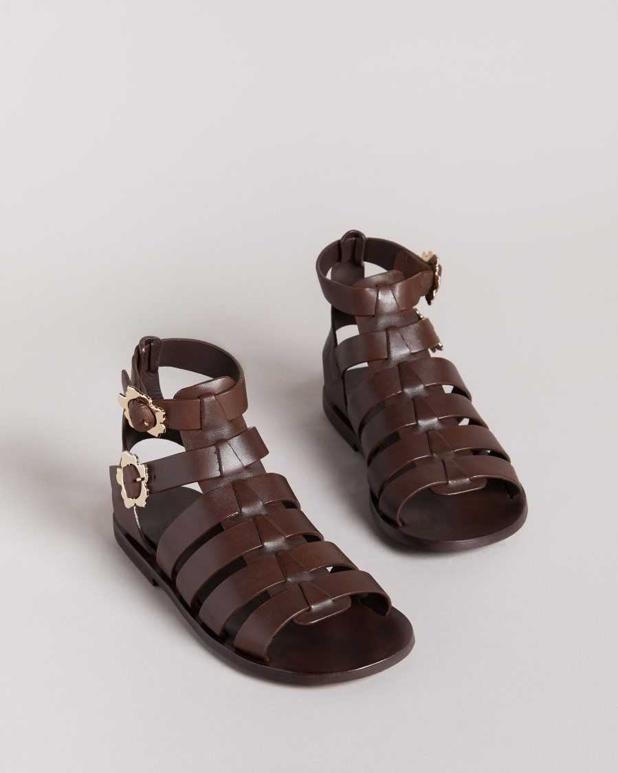 Ted Baker Graycey Leather Flat Gladiator Sandals Dark Brown | 70419-SVOY