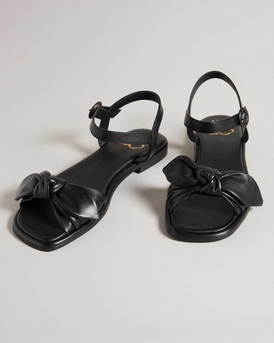 Ted Baker Halah Leather Bow Flat Sandal Black | 53809-GAMJ