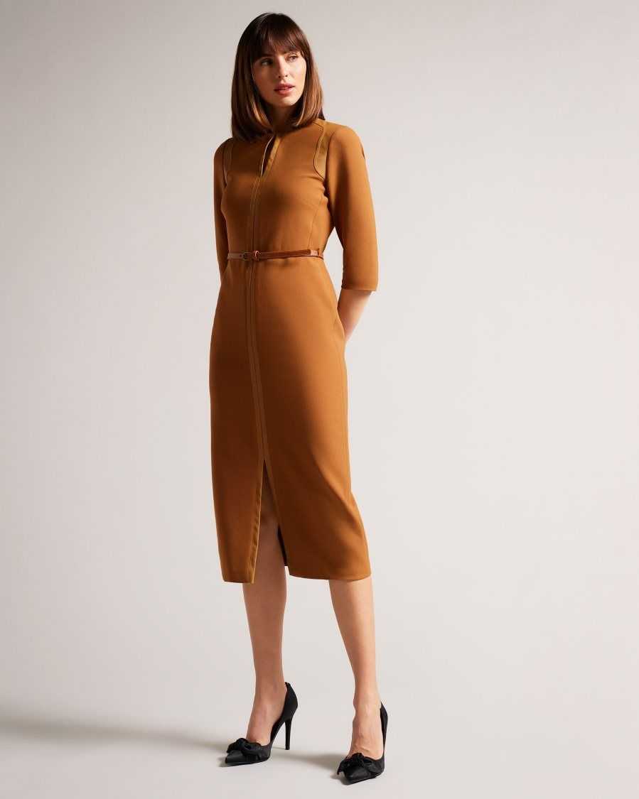 Ted Baker Halleid Pencil Dress With Faux Leather Panelling Camel | 70368-NSOF