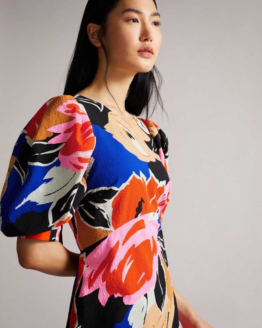 Ted Baker Harpia Floral Print Midi Dress Black | 50632-ITEY