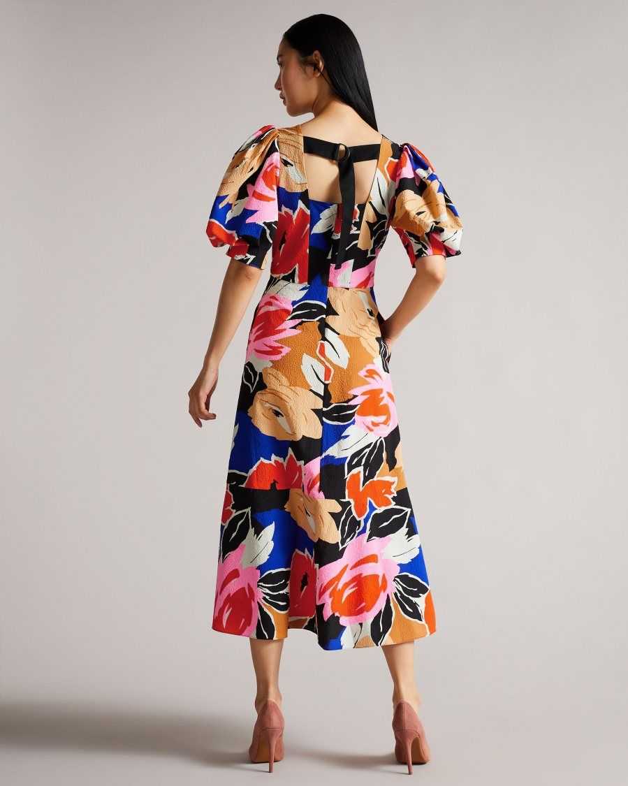 Ted Baker Harpia Floral Print Midi Dress Black | 50632-ITEY