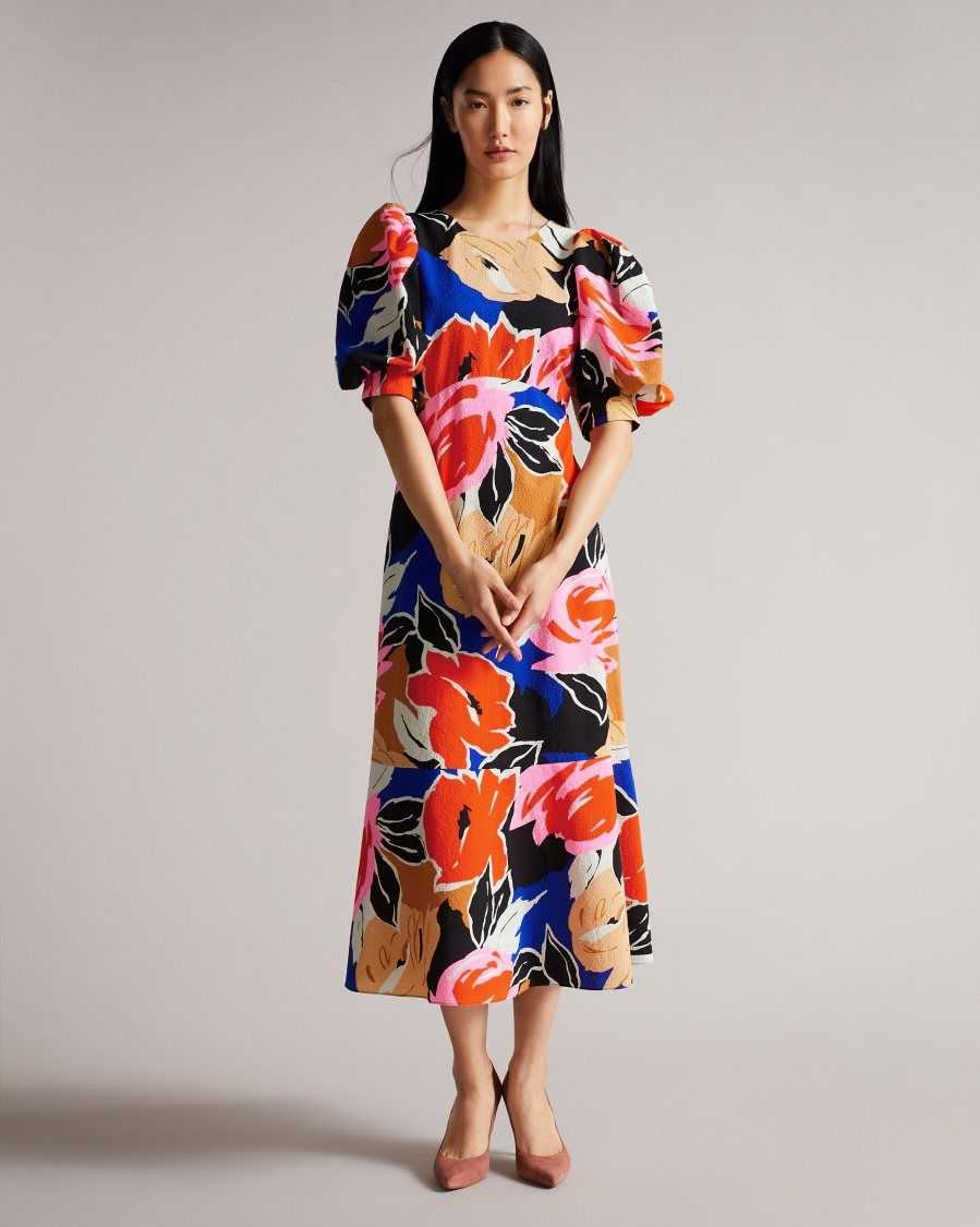 Ted Baker Harpia Floral Print Midi Dress Black | 50632-ITEY