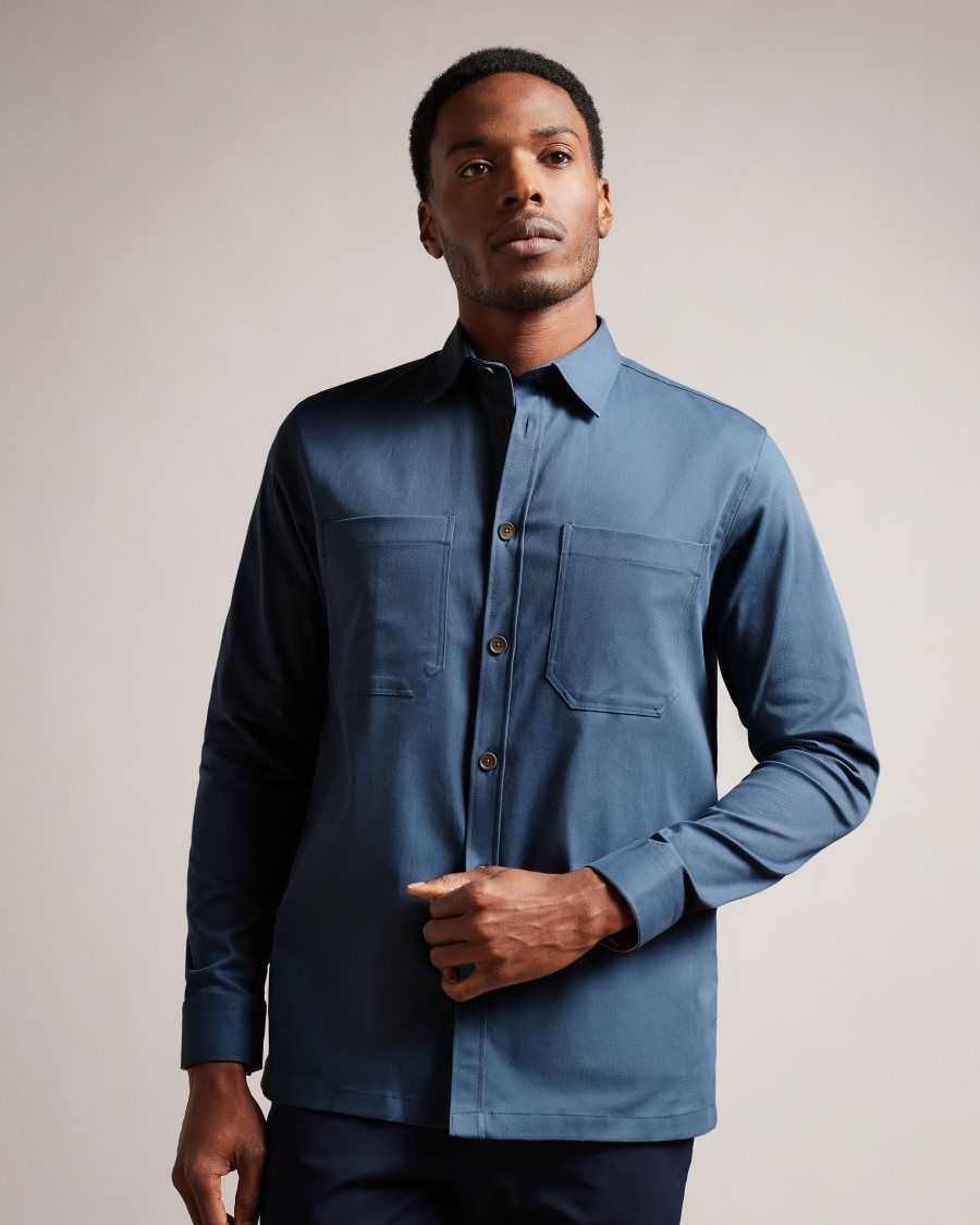 Ted Baker Hasting Long Sleeve Twill Overshirt Medium Blue | 96453-BHND