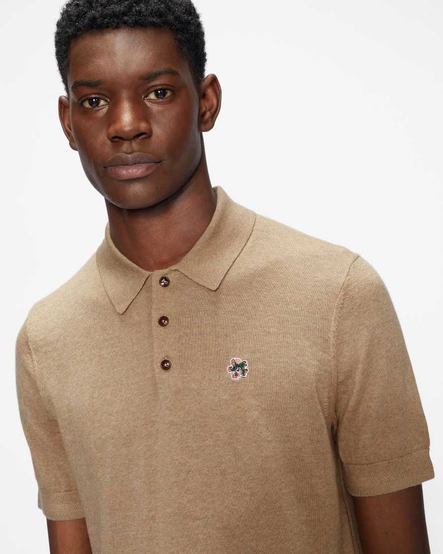 Ted Baker Haworth Short Sleeve Knitted Polo Shirt Tan-White | 25810-JBSO