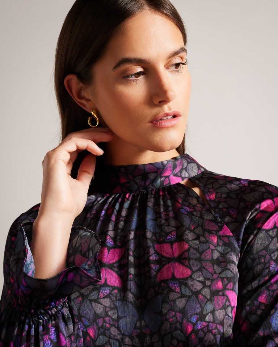 Ted Baker Heiydii High Neck Satin Butterfly Print Blouse Black | 28375-DHEZ