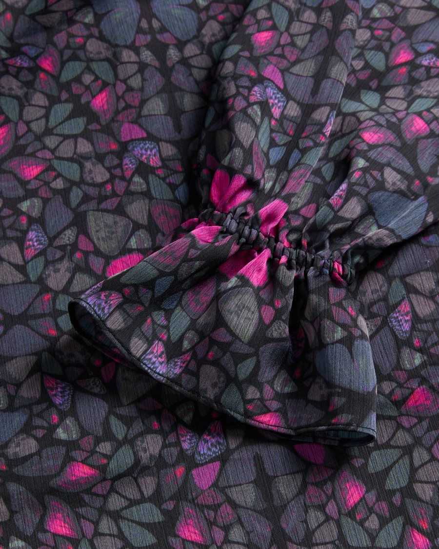 Ted Baker Heiydii High Neck Satin Butterfly Print Blouse Black | 28375-DHEZ