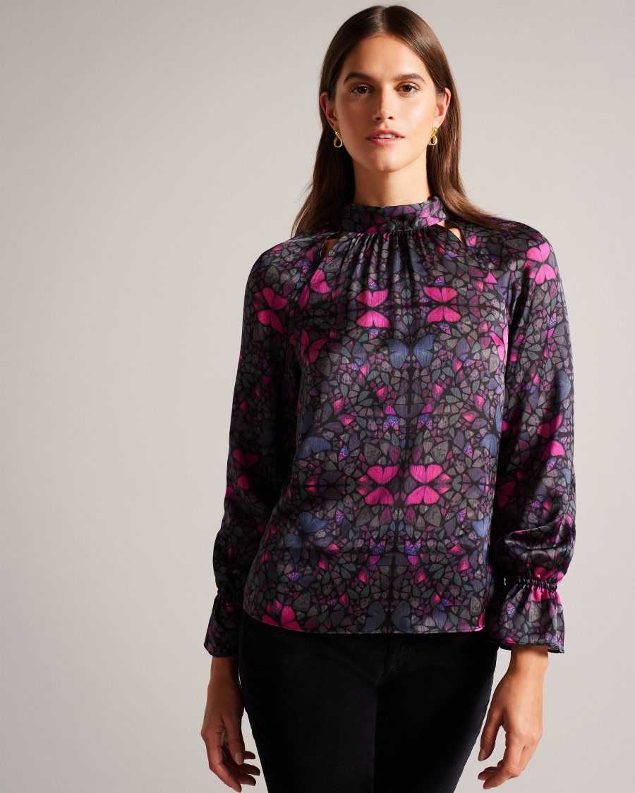 Ted Baker Heiydii High Neck Satin Butterfly Print Blouse Black | 28375-DHEZ