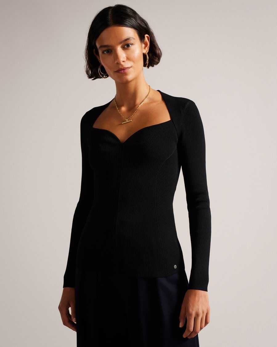 Ted Baker Helenh Sweetheart Neckline Knitted Top Black | 80279-RBOU