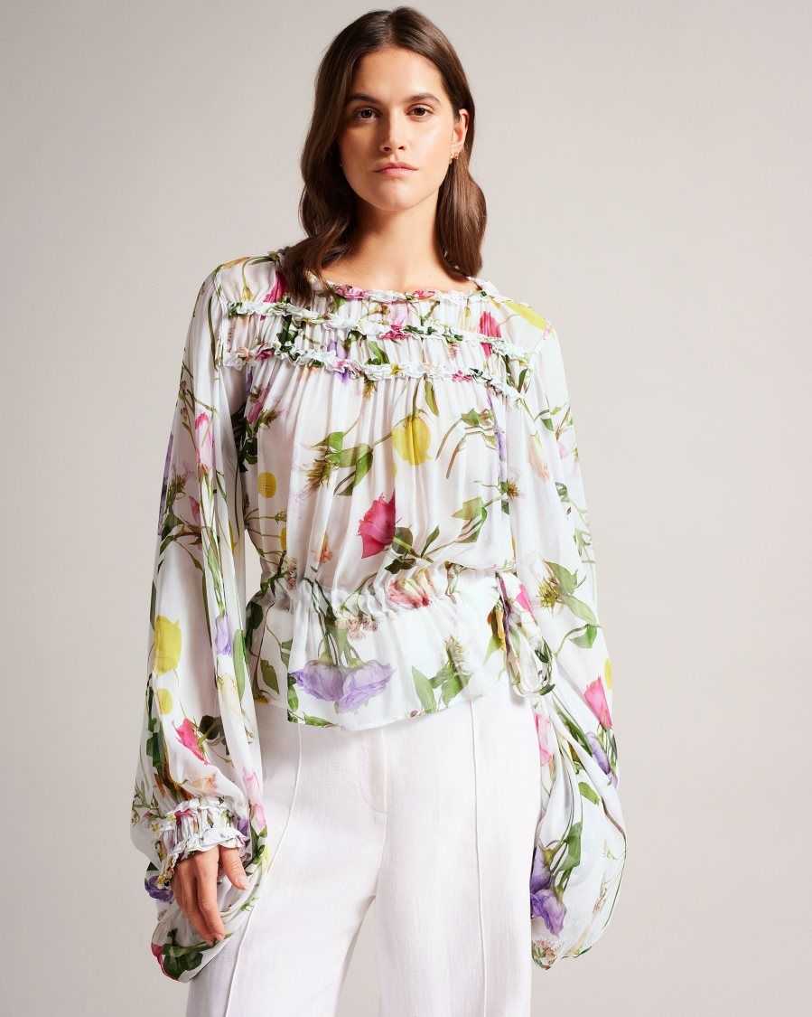 Ted Baker Hewette Printed Blouse With Functional Waist Tie White | 21946-WVQJ