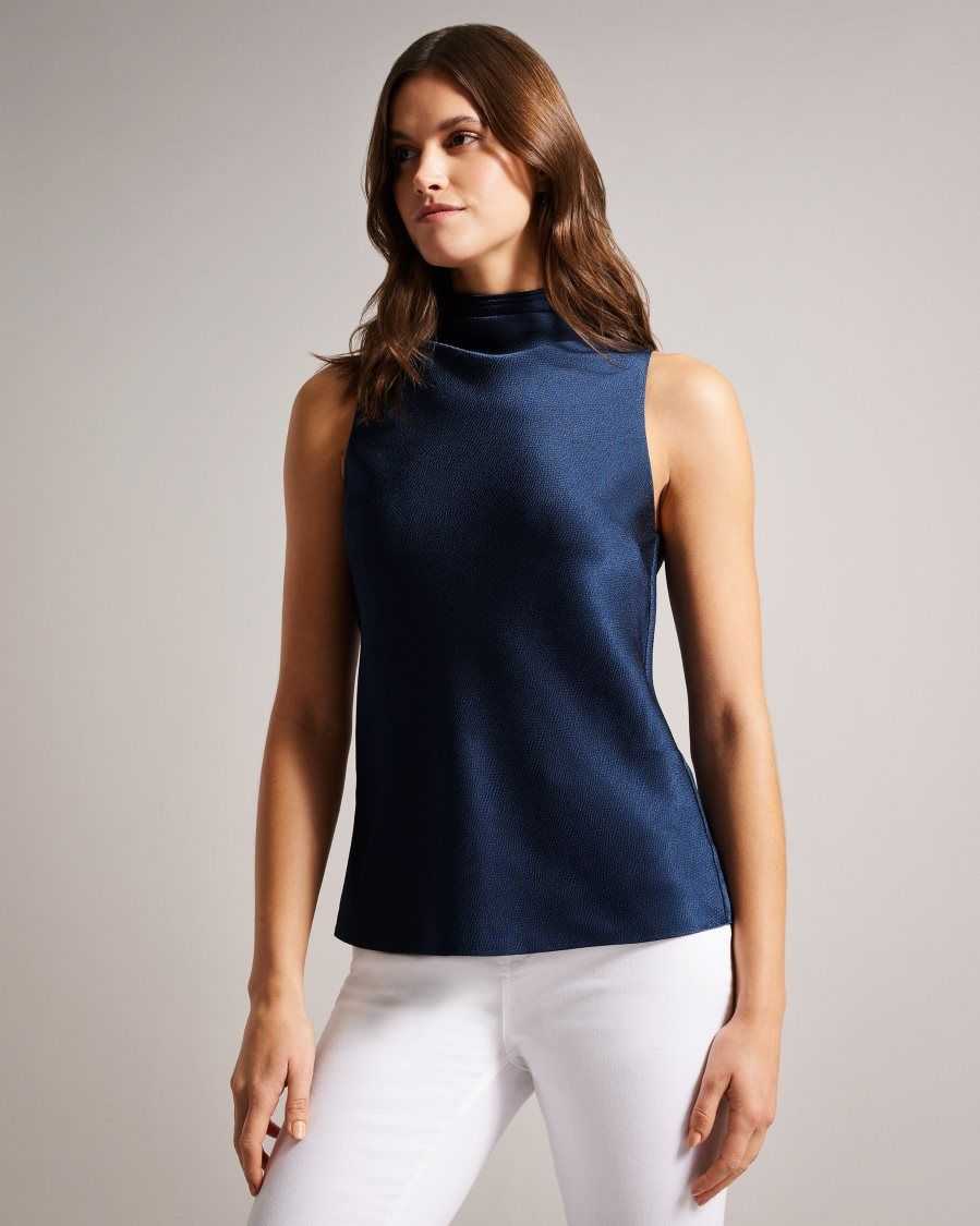 Ted Baker Hildri Sleeveless Satin Cowl Neck Top Dark Blue | 96532-KALV