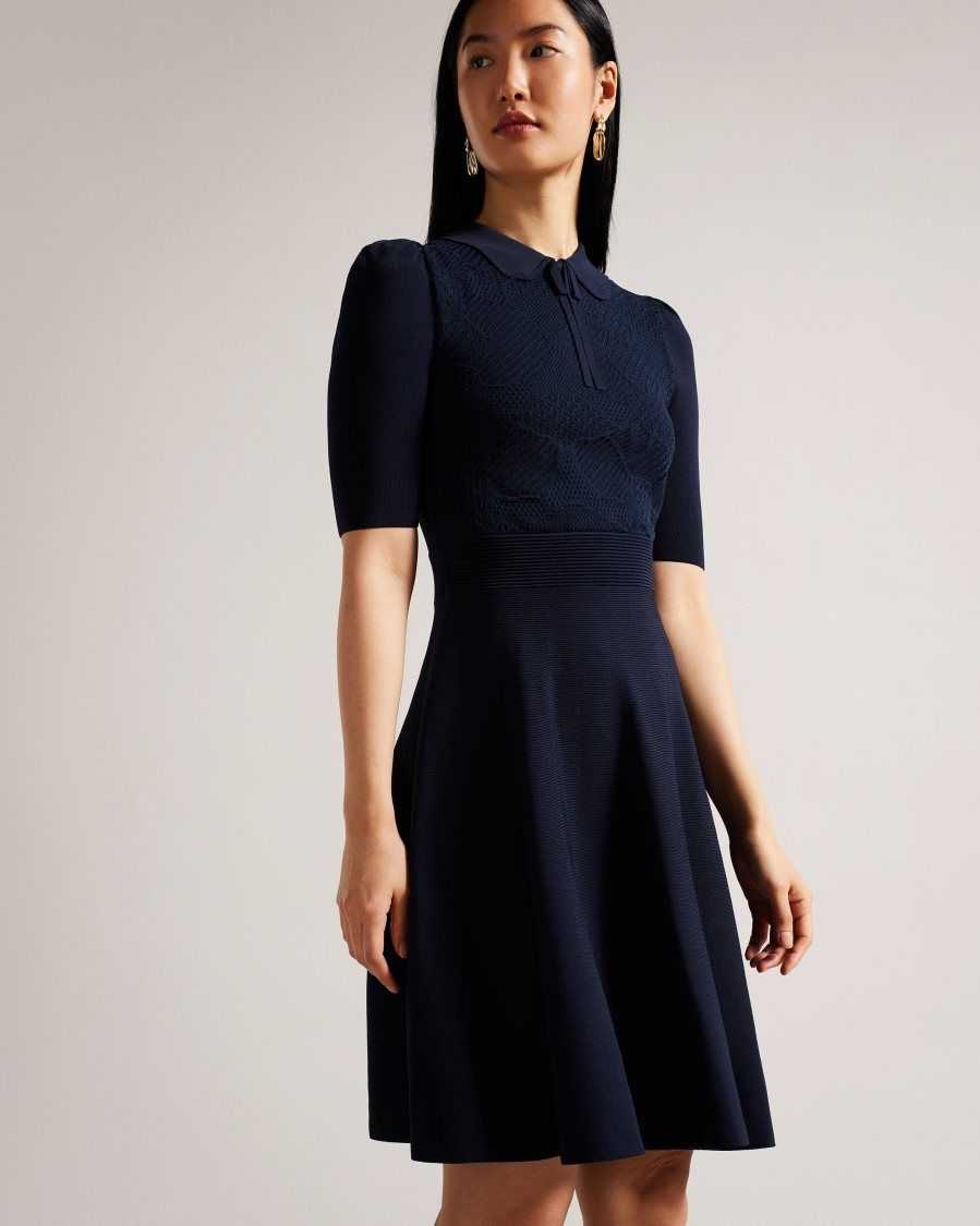 Ted Baker Hillder Delicate Pointelle Knit Dress Dark Blue | 94367-IPRY