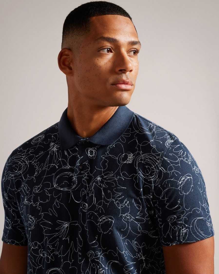 Ted Baker Holler Short Sleeve Regular Fit Printed Polo Shirt Navy-Blue | 19803-IBWM