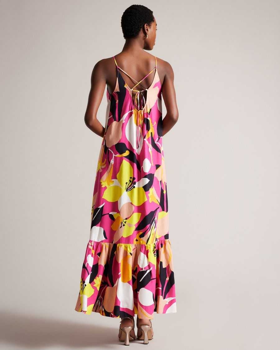 Ted Baker Ikella Abstract Print Pleated Halter Maxi Dress Bright Pink | 85436-HTPX