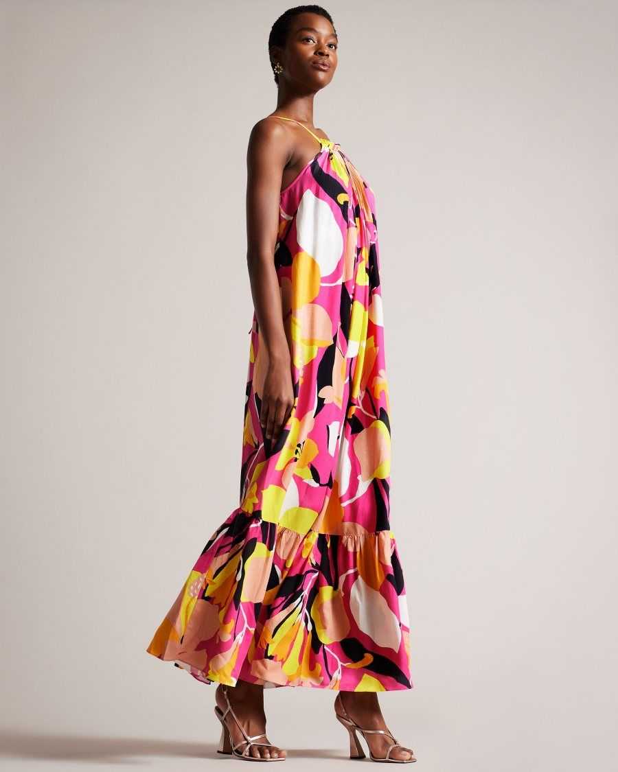 Ted Baker Ikella Abstract Print Pleated Halter Maxi Dress Bright Pink | 85436-HTPX