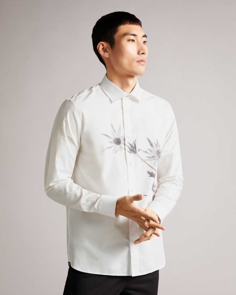 Ted Baker Ilford LS Thistle Placement Print Shirt White | 52497-QXGJ