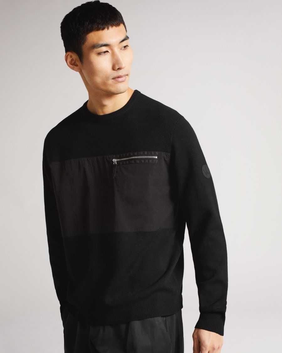 Ted Baker Irwin MIB Nylon Panel Crew Black-Grey | 06187-CIJP