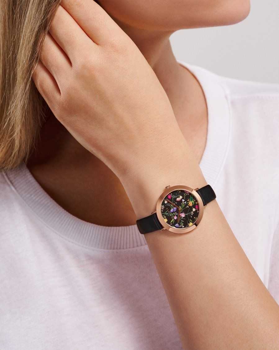 Ted Baker Isidoro Floral Print Watch With Leather Strap Black | 60783-ZRXS