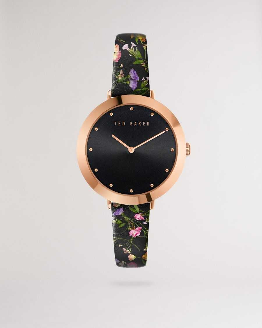 Ted Baker Isidory Floral Print Leather Strap Watch Black | 40359-KVUQ