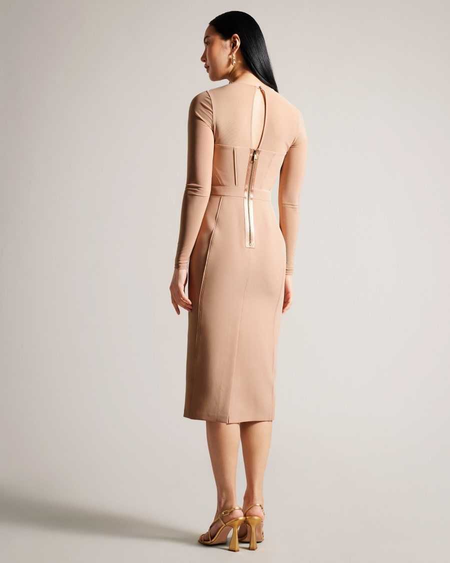 Ted Baker Ivylou Bodycon Midi Dress With Sheer Sleeves Nude | 57918-LIYD