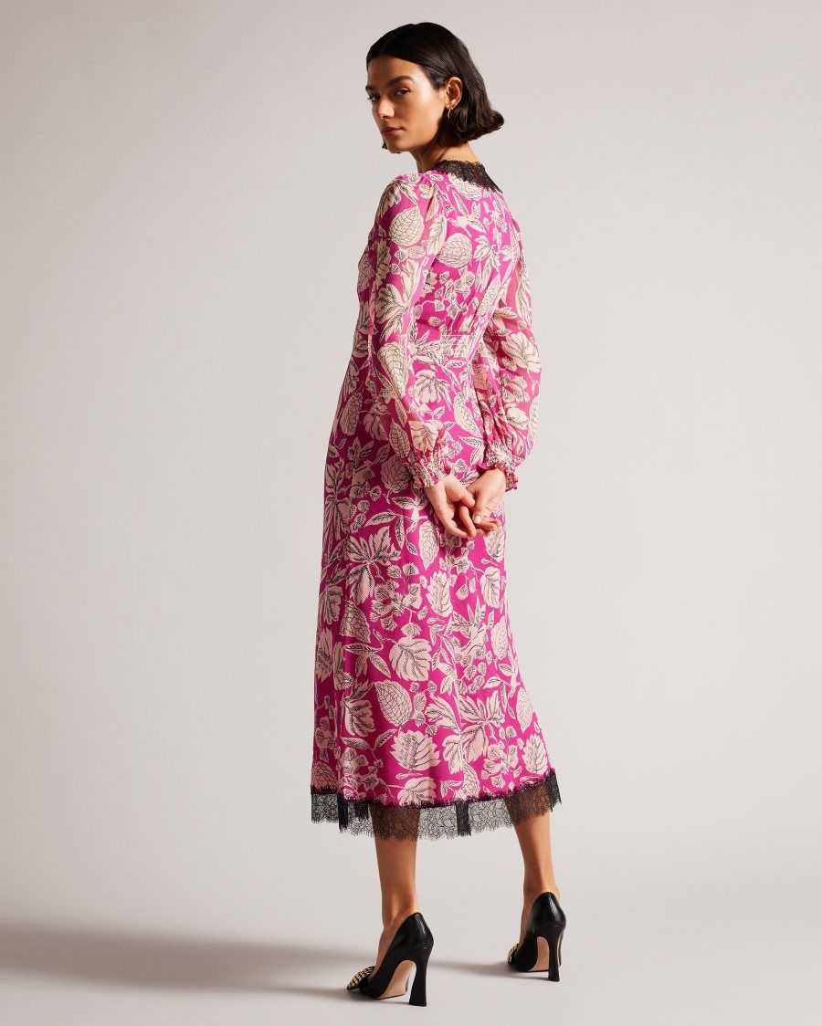 Ted Baker Izobele Long Sleeve Midi Dress With Lace Trim Bright Pink | 40873-PRLX