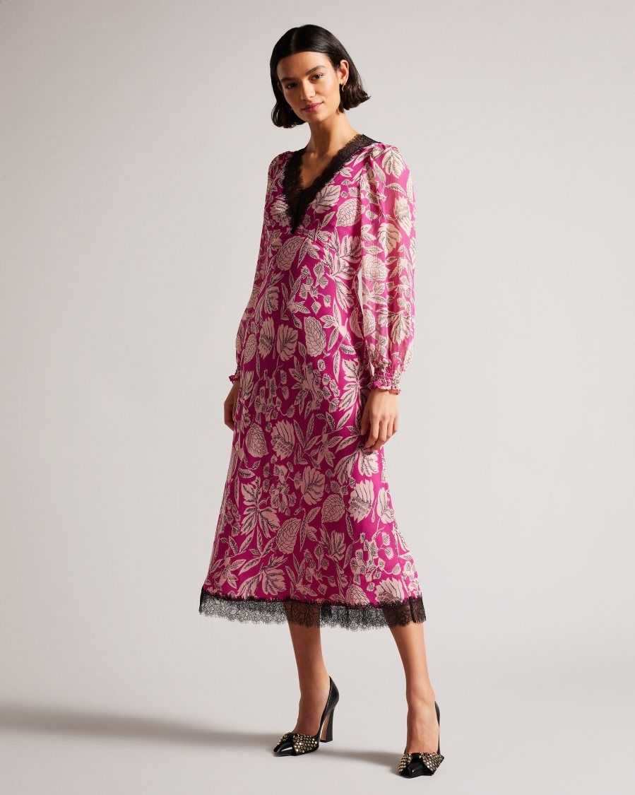 Ted Baker Izobele Long Sleeve Midi Dress With Lace Trim Bright Pink | 40873-PRLX