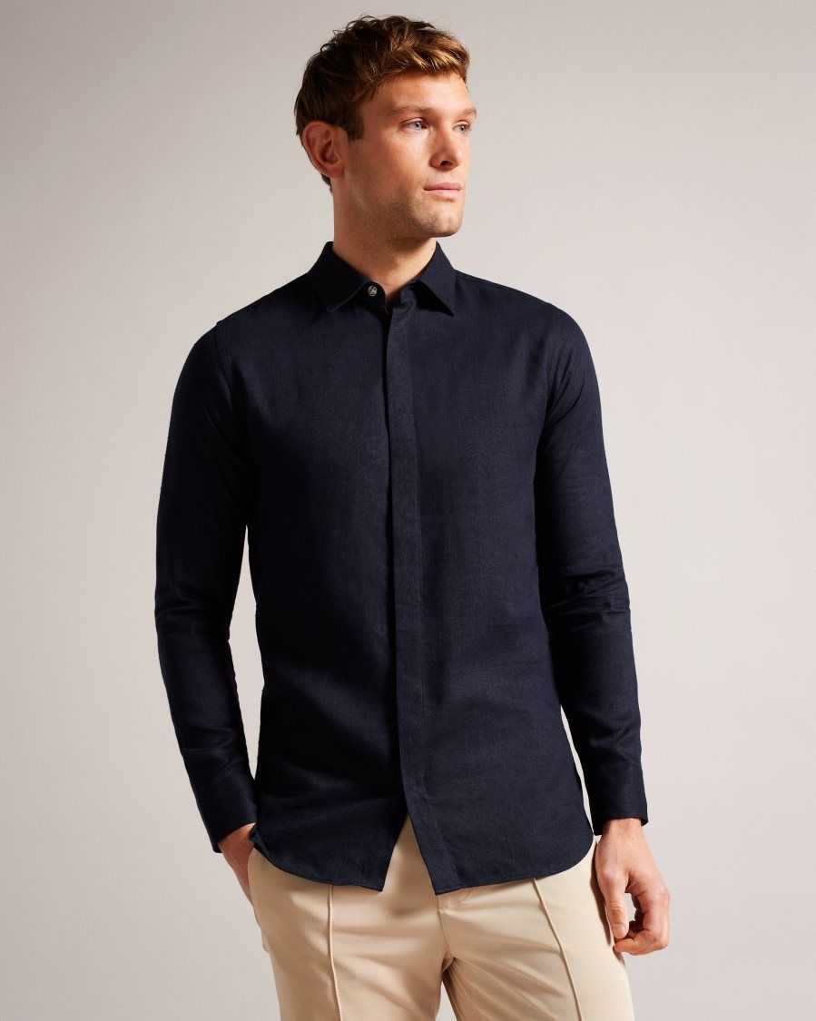 Ted Baker Jasperr Linen Blend Herringbone Shirt Navy | 69127-FTNK