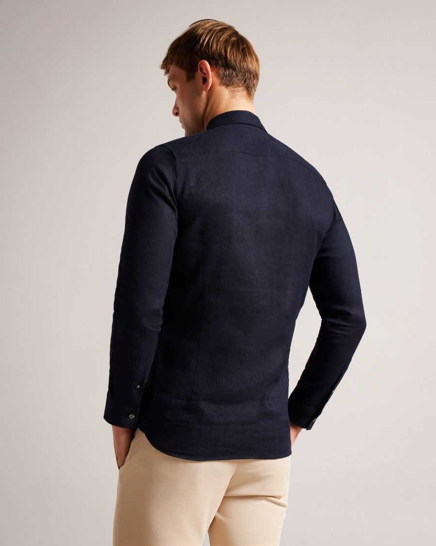 Ted Baker Jasperr Linen Blend Herringbone Shirt Navy | 69127-FTNK