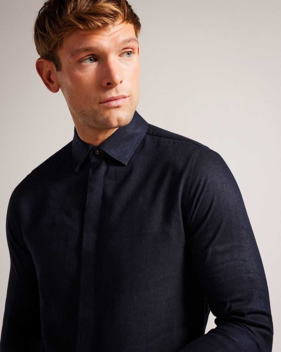 Ted Baker Jasperr Linen Blend Herringbone Shirt Navy | 69127-FTNK