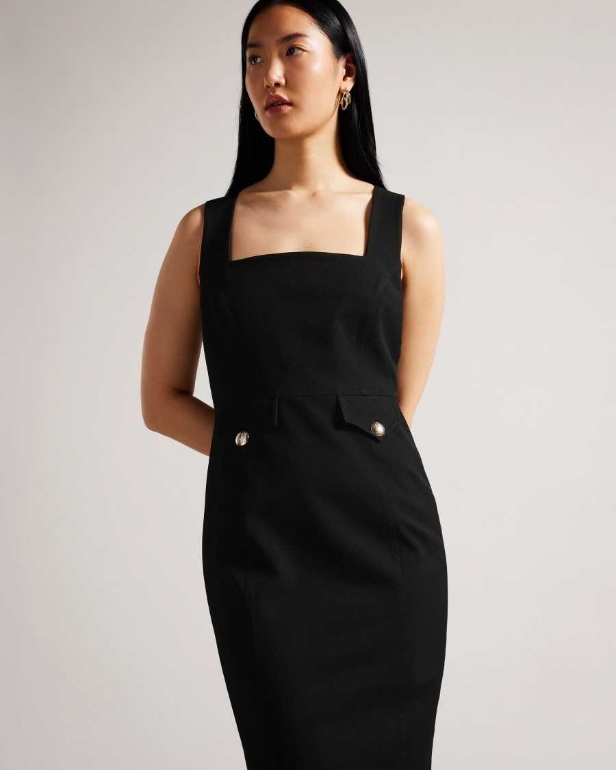 Ted Baker Josiaa Square Neck Military Detail Midi Dress Black | 59603-BOGZ