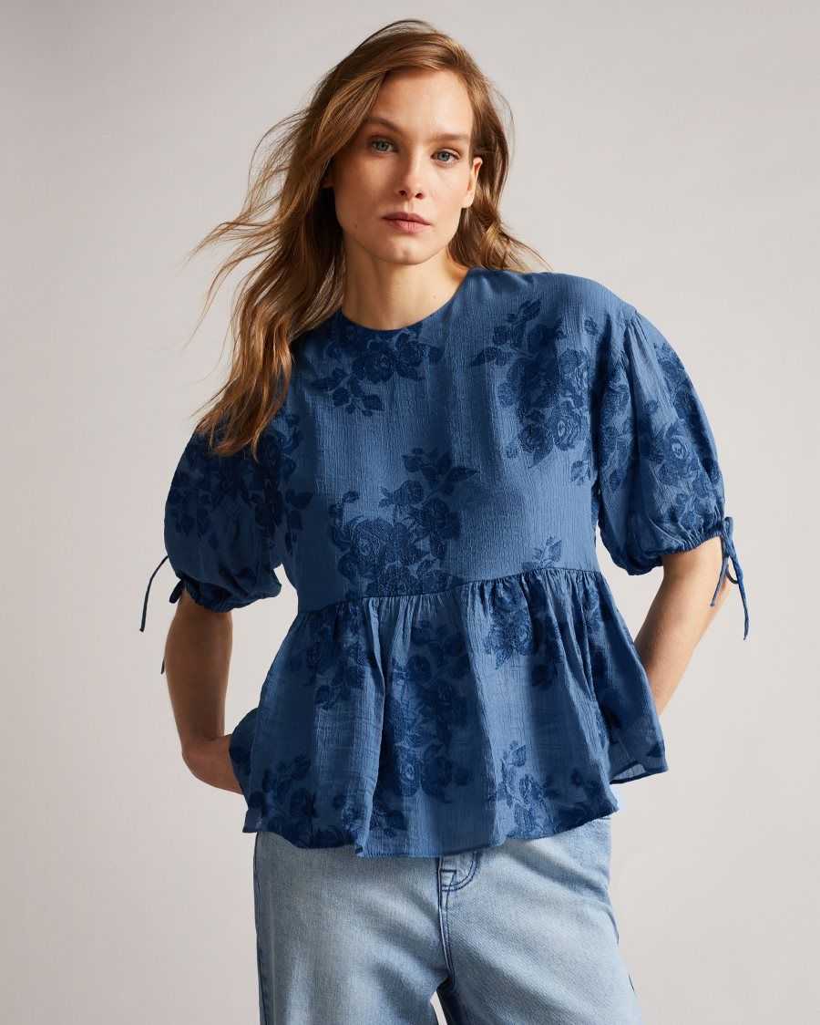 Ted Baker Kaarin Exaggerated Puff Sleeve Top Dark Blue | 90431-TFXN