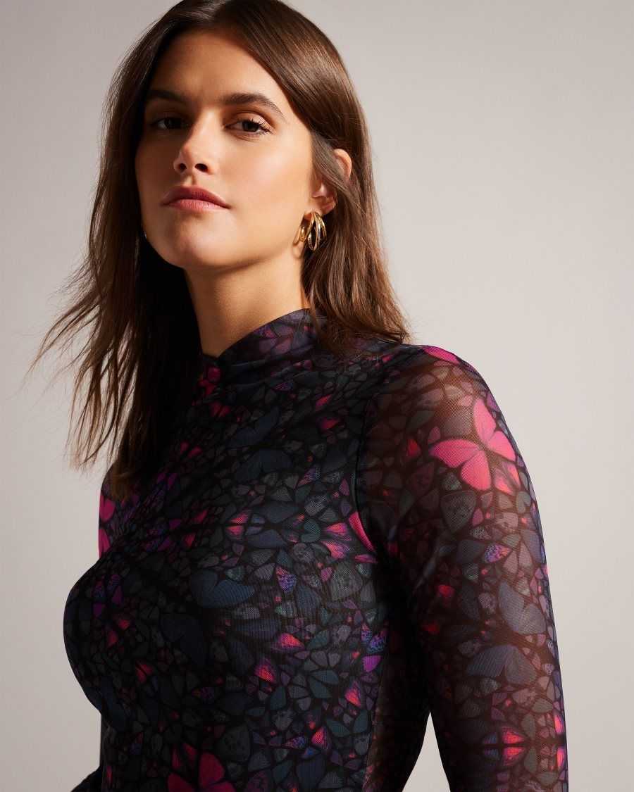 Ted Baker Kamill Mesh Fitted Top With High Neck Black | 70831-FXZV